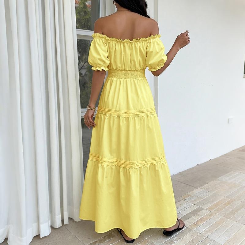 Women's Fashion Summer Spring Solid Color Print Short Sleeve One Shoulder High Waist Casual Dresses