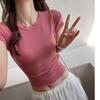 Women Crew Neck Short Sleeve Rib Knit Crop Top Slim Fit Curved Hem Solid Color Casual T Shirt