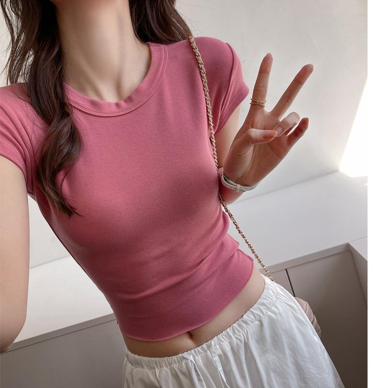 Women Crew Neck Short Sleeve Rib Knit Crop Top Slim Fit Curved Hem Solid Color Casual T Shirt