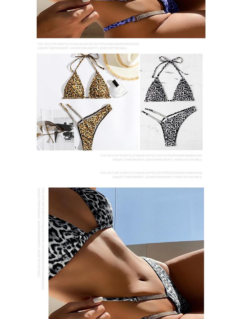 Leopard Print Rhinestone Bikini - European and American Sexy Split Swimsuit