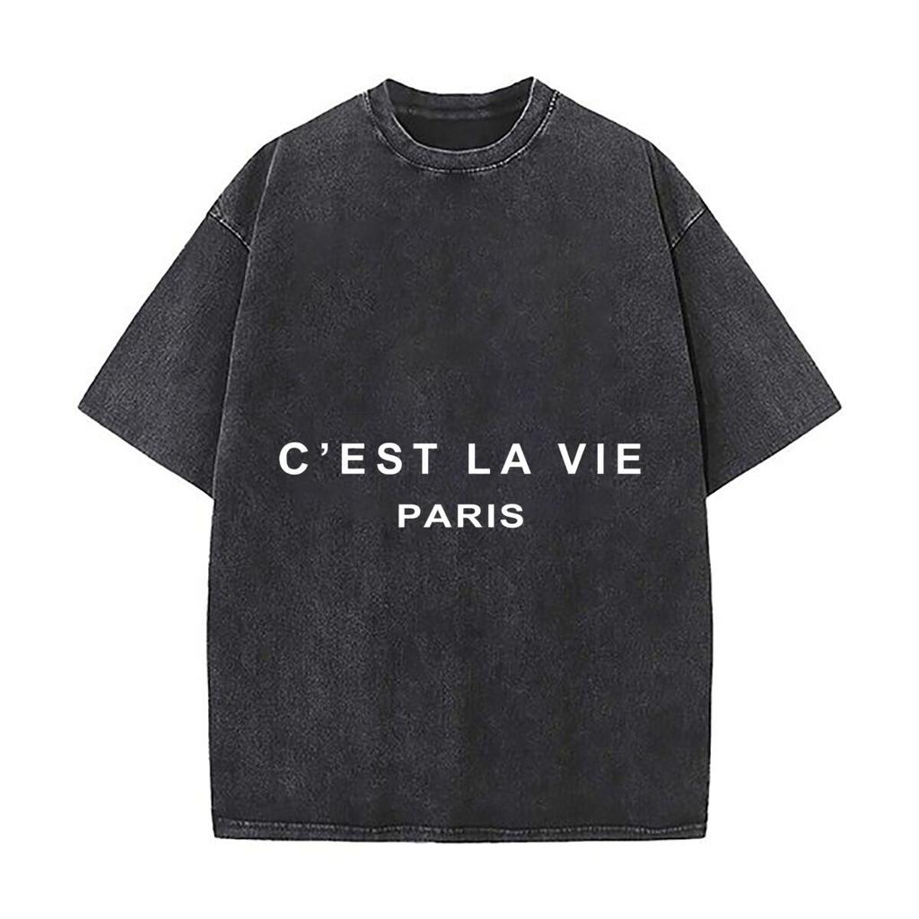 Cest La Vie Paris Minimal Typography Graphic Vintage Distressed Loose Streetwear Tops for Campus Days