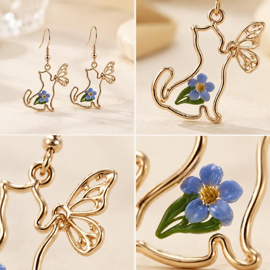 Chic Hollow Cat and Butterfly Pendant Earrings for Women - Fashionable Small Animal Ear Accessories