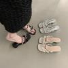 Coarse heel silver beautiful one-word slippers fairy shoes wear 2025 new summer French sandals rhinestone sandals