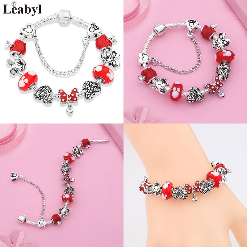 Potdemiel Pink Enamel Crystal Minnie Charm Bracelets Silver Color Heart Cartoon Bead Jewelry for Women Girl Gift