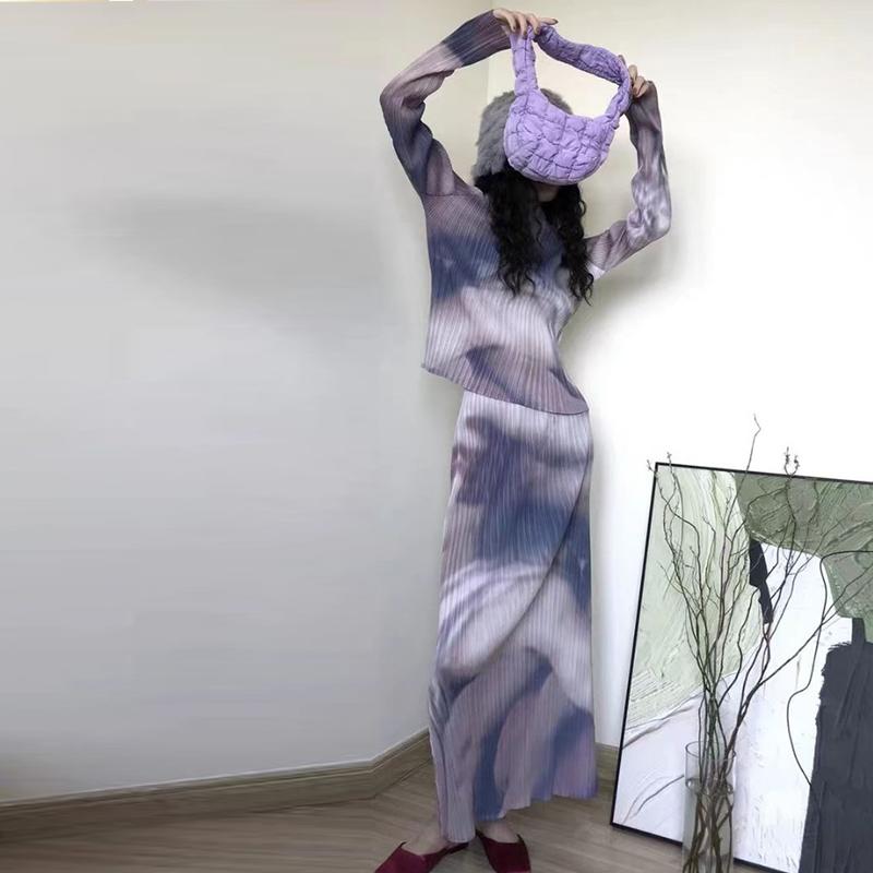 Neues, bedrucktes, plissiertes, sanft elastisches Taillenmode-Set für die Frühlings- und Herbstsaison