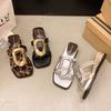 Niche Metal Square Buckle Pinch Toe Drag Women's Shoes Summer Wear New Flat-bottomed Casual Square Toe Cool Slippers
