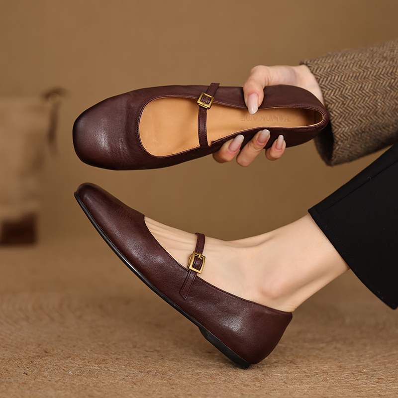 Krazing Pot Kuhleder Mode Frühling Herbst Schönheit Flach mit Damen Square Toe Schuhe Mary Janes Flache Ballerinas