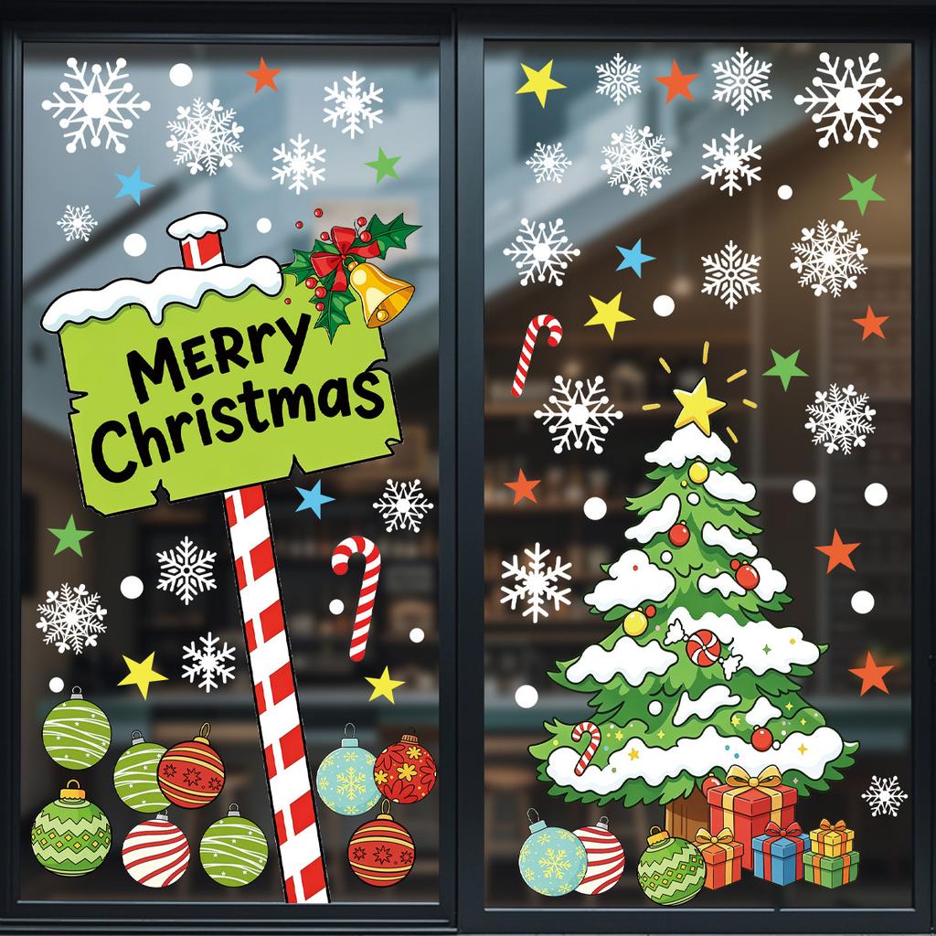 2Pcs 30X60cm PVC Christmas Window Cling Stickers, Snowflake, Christmas Tree and Ornament Decals for Glass Windows