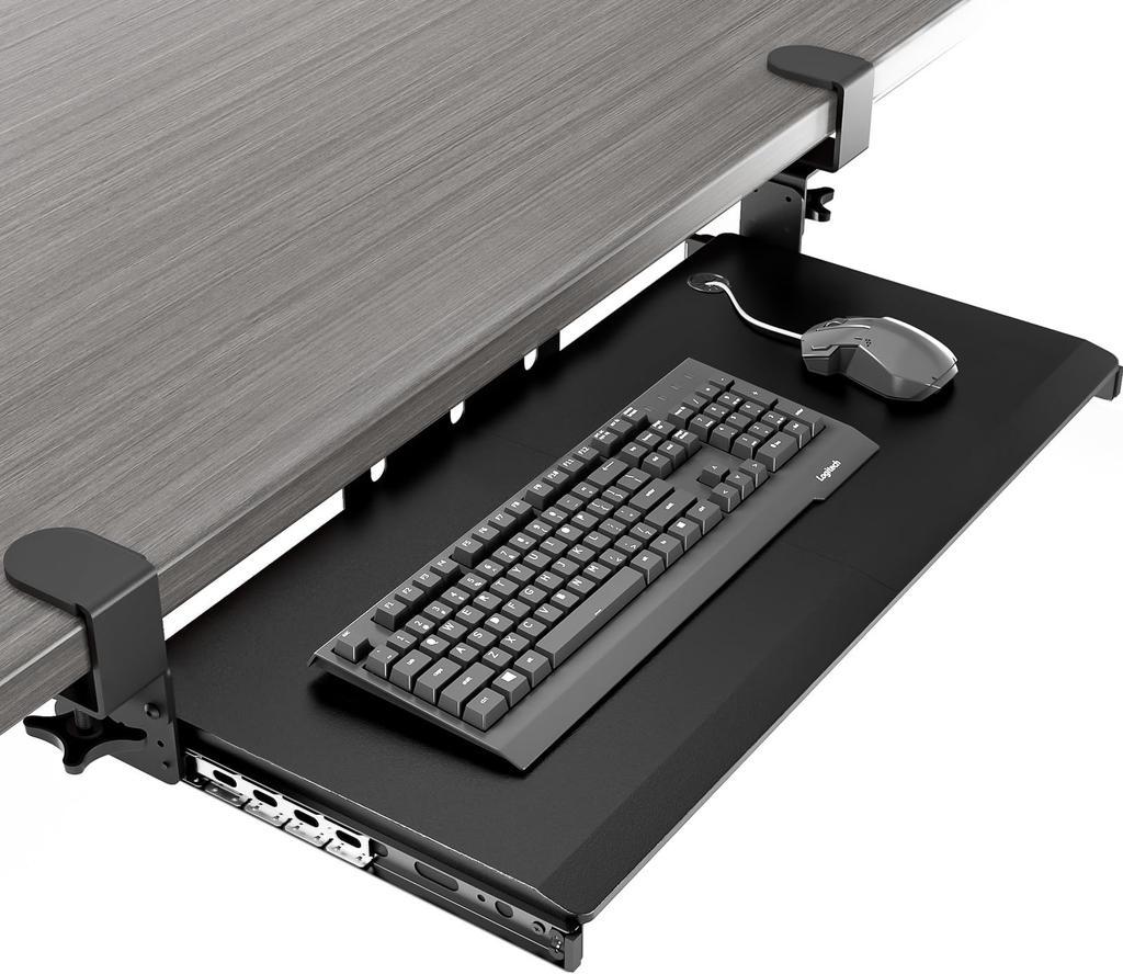 AX WABER Keyboard Tray, Sliding Keyboard, Clamp-on Keyboard Tray, Ergonomic Design, Keyboard and Mouse Storage, Easy Assembly, Expandable Table,