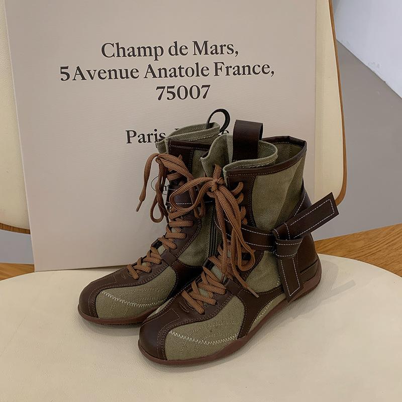 Skinny boots, locomotive boots, fashion lace-up short boots, splicing women's boots, thick-soled short tube, rad new versatile beauty