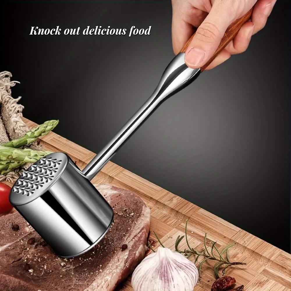 Damaly,304 Stainless Steel Meat Tenderizer Pounder with Wood Handle, Dual-Sided Kitchen Tool for Pounding Meat and Garlic