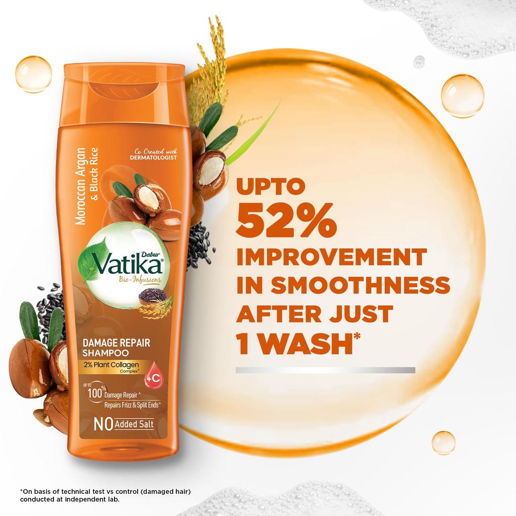 Dabur Vatika Bio-Infusions Damage Repair Shampoo | Moroccan Argan & Black Rice | 2% Plant Collagen + Vitamin C | 100% Damage Repair | Repairs Frizz