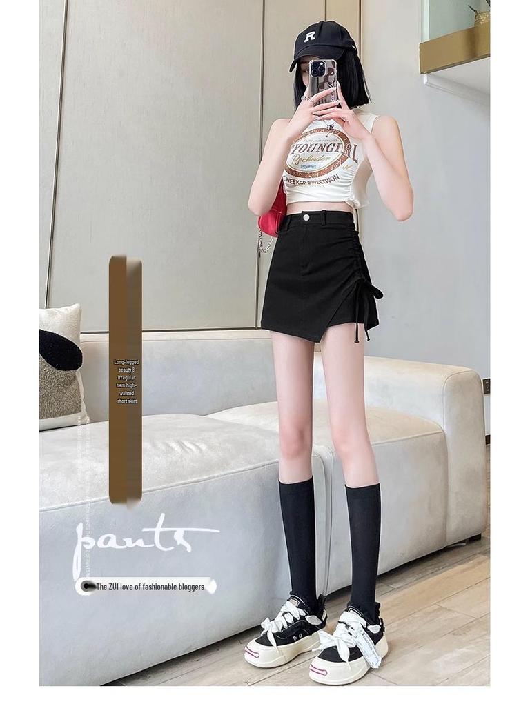 2024 Summer Women's Black Spicy Girl Ruched High Waist Irregular A-line Mini Skirt Pants