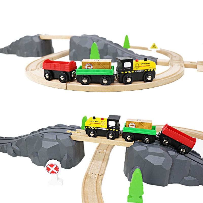 Children's Wooden Track Set Magnetic Small Train Assembly Combination Suspension Bridge Wooden Boy and Girl Toy Gift