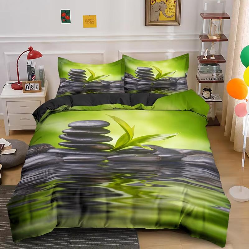 Comforter Zen Stone Green Bamboo Nature Water Print Bedding Set Queen King Size Bedroom Decorative Comforter 2/3 Pcs