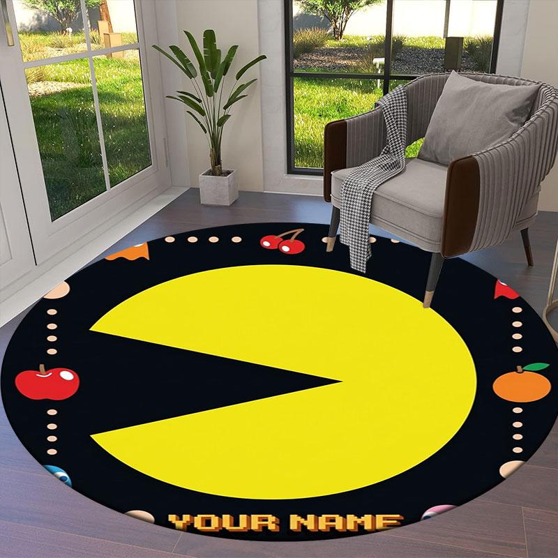 Pac-Man Custom Name Round Area Rug,Carpet Rug for Living Room Bedroom Sofa Playroom Decor,Non-slip Floor Mat