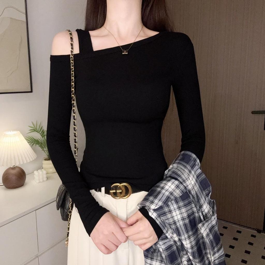 Women's One-Shoulder Slim-Fit Long-Sleeve T-Shirt - Early Autumn Niche Design