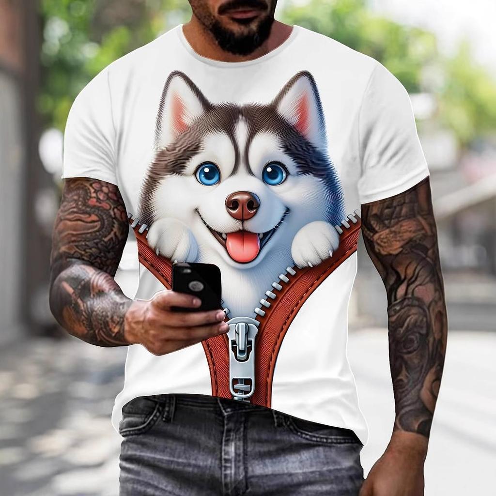 3D Puppy Pattern Printed Short Sleeved Summer Breathable Round Neck Top Men's T-shirts