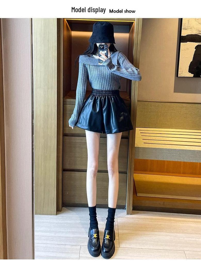 Women's Black PU Leather High-Waisted Slimming A-Line Wide-Leg Bootcut Shorts - Winter Casual Wear
