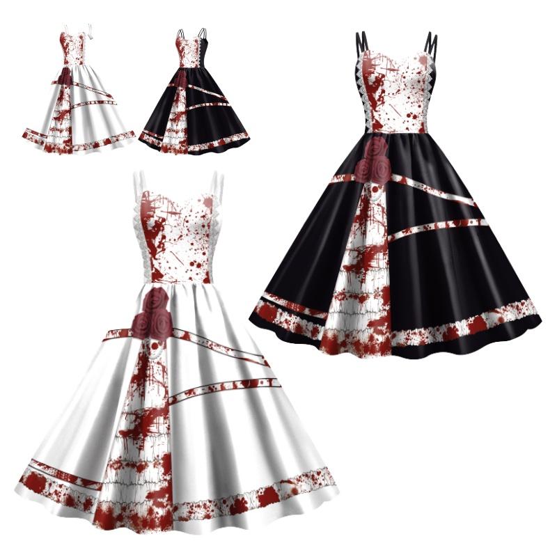 Jialin Halloween Dress For Women Scary Printed Sleeveless Costume Dress Summer)
