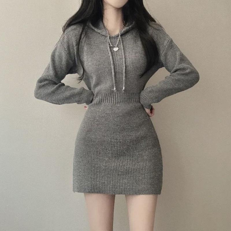 Korean Style 2025 Autumn/Winter Hooded Knit Sweater Dress - Women's Fashion Slimming Trend