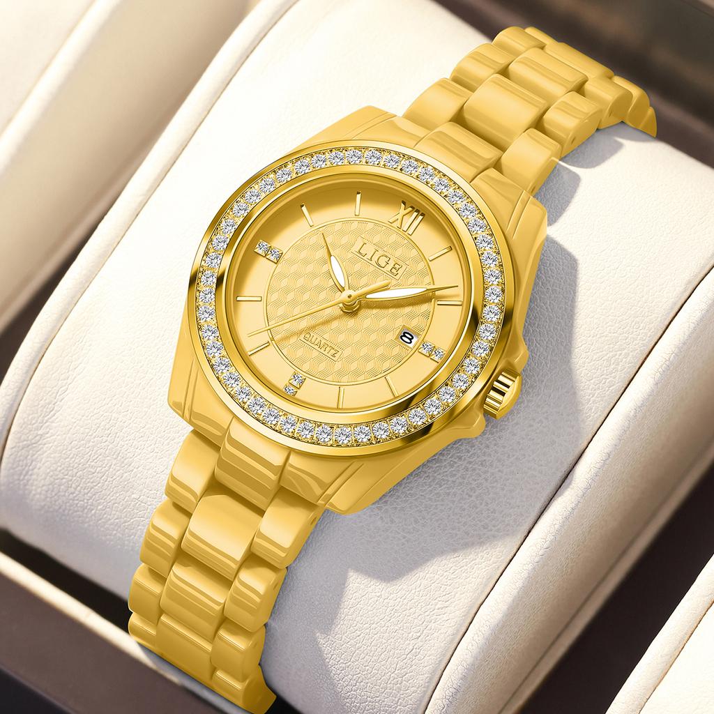 LIGE Damenuhr Armbanduhr Marke Keramik Vintage Lässig Mode Leuchtend Kalender Damenuhr Quarz Elegant Uhr+BOX