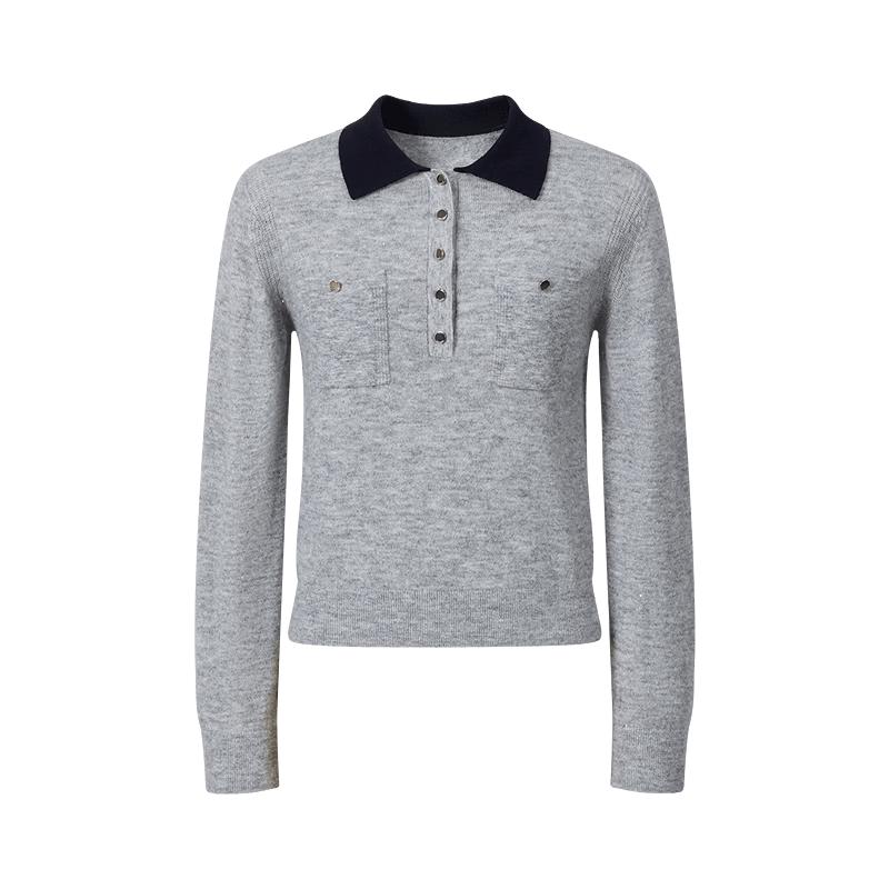 Women's Color-block Polo Collar Wool Blend Knit Sweater