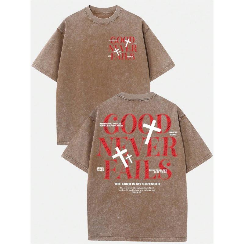 

European Size Men s Distressed Good Never Fails Cross& Psalm 28:7 Graphic Tee, Loose Casual Crewneck Short Sleeve Retro Religious Inspirational Top 5XL золотий
