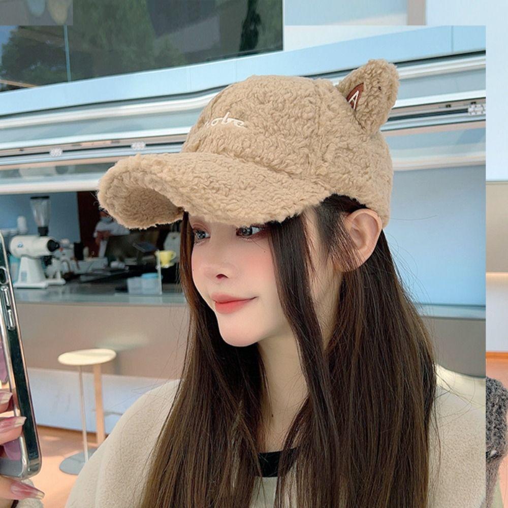 Windproof Cat Ears Baseball Hat Warm Winter Peaked Cap Cute Lamb Wool Baseball Cap  Female