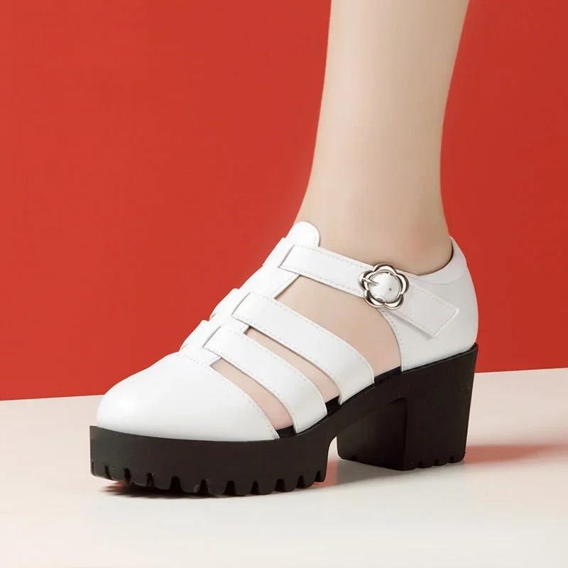 8cm 10cm Size 32-43 Genuine Leather Shoes Chunky Platform Sandals 2025 Block High Heels Sandals Black Office Model Mom