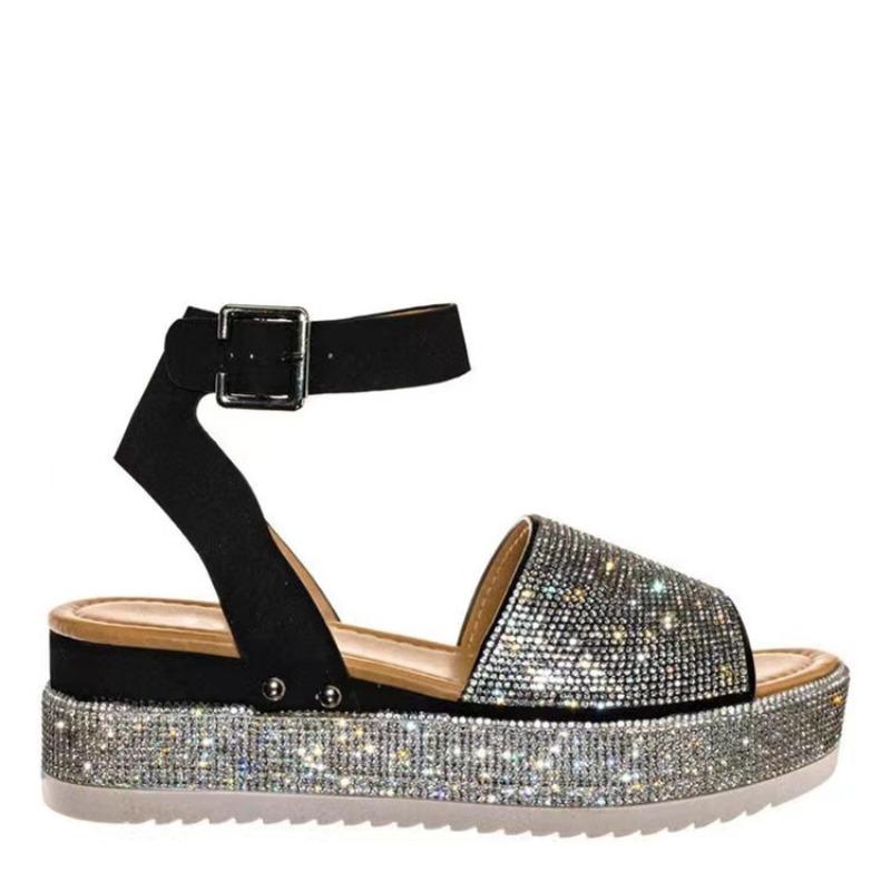 New Large-size Rhinestone Sandals Thick-soled Wedge Heel Casual One-word Buckle Women's Shoes