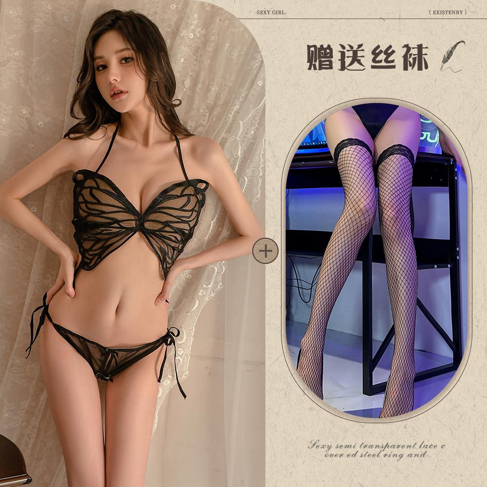 Sex underwear sexy perspective mesh butterfly three-point backless open free set