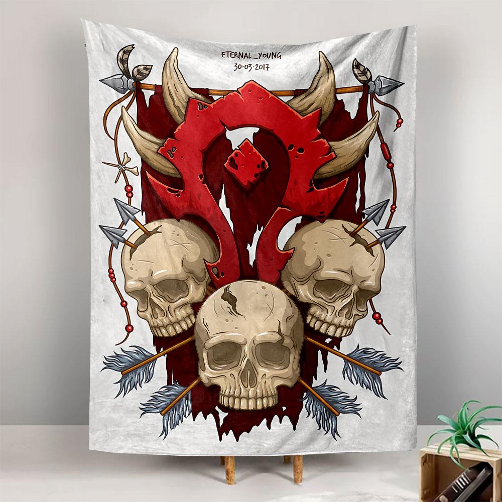 A Red Tribal Crest with Horns, Skulls, Arrows, and a Blood-red Backdrop. Patterned Tapestry for Bedroom and Living Room Home Decor