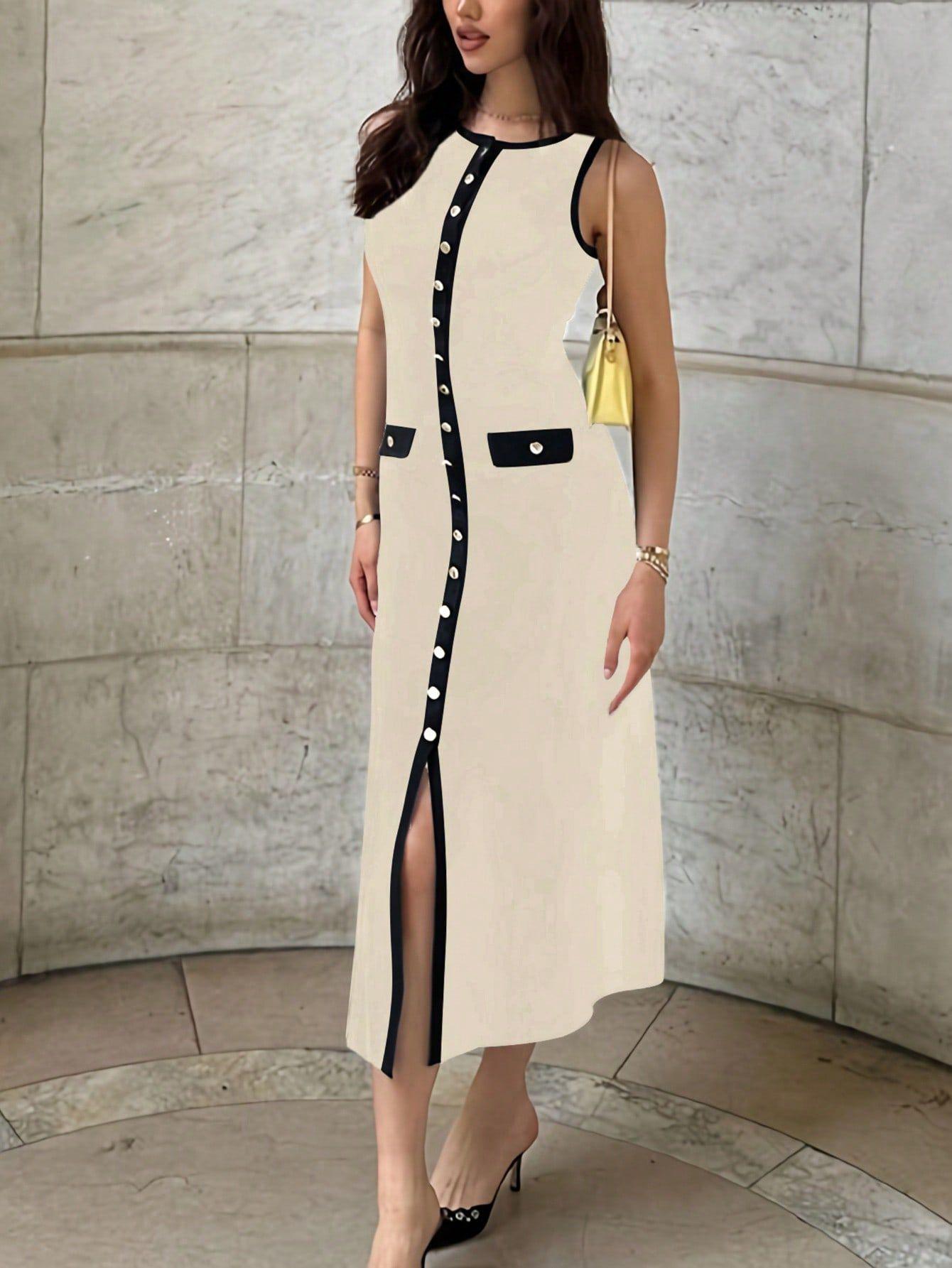 Elegant European Sleeveless Ribbed Knit Dress with Button-Up Accents S