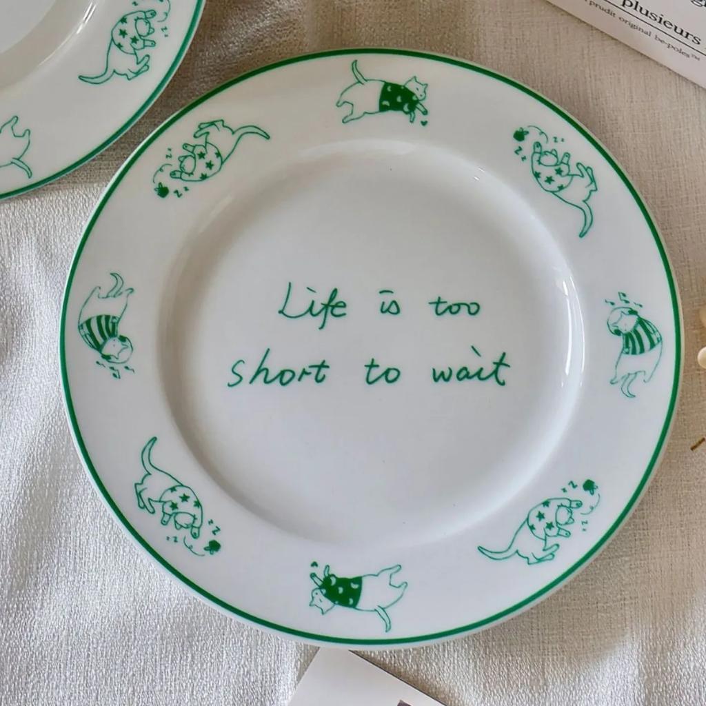 Korean Round Ceramic Cat Island Flat Salad Plate Cute Dessert Cake Dessert Plate