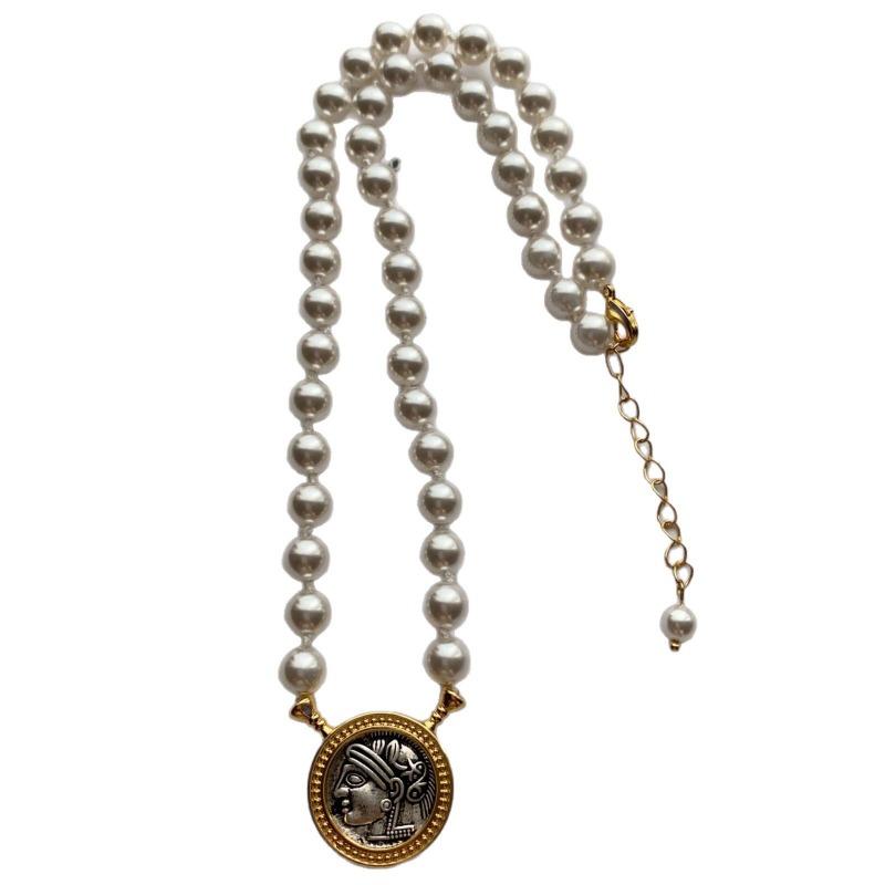 Vintage Art Ancient Coins Goddess Of Victory Pearl Chain Adjustable Necklace Necklace French Vintage Light Luxury Elegant And Natural