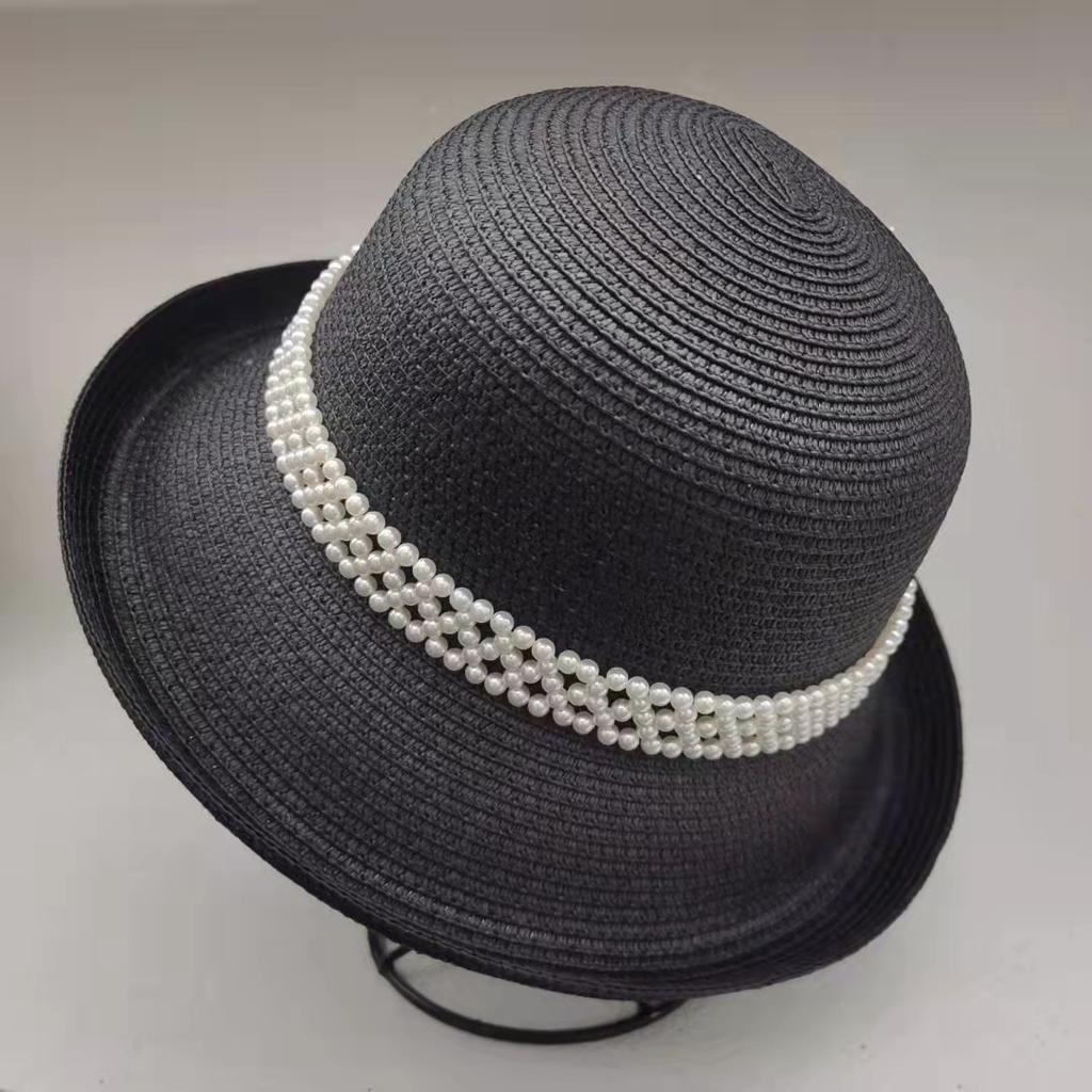 Designer Elegant Pearl Rims Fisherman Hat Fashion Socialite Retro Straw Hat Summer Sun Block Fisherman Hat
