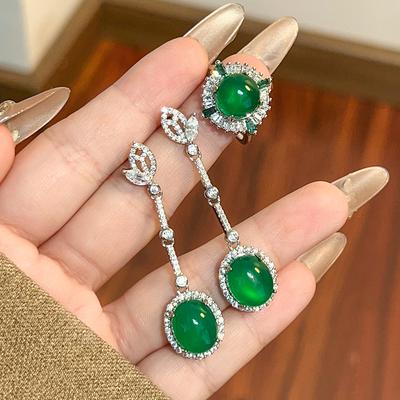 Set Kupferschmuck S Silbernadel Eingelegt Hoch Eisgrüner Chalcedon Muse Lange Ohrringe Ring Vintage