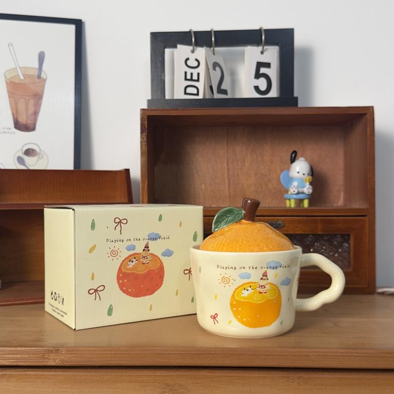 Daji Dali Orange Ceramic Cup with Lid Cute Cat Mug New Year Gift Coffee Cup Office Water Cup