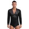 Men's Latin Dance Leotard - Glittery Rhinestones V Neck Long Sleeve Satin Patchwork Bodysuit for Performance
