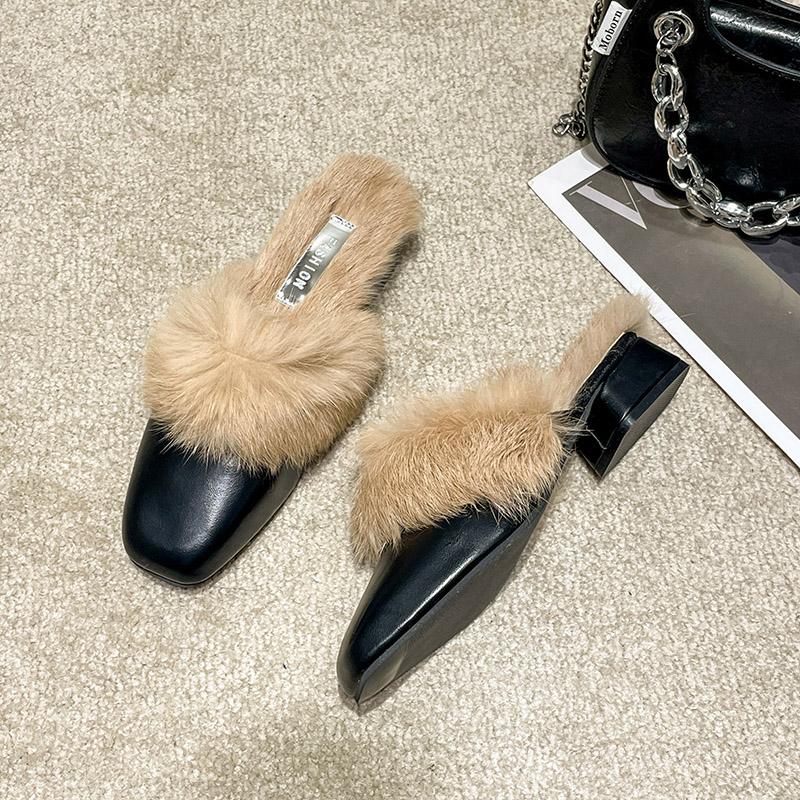 Fashion Aphixta Winter Gingham Upper Long Real Rabbit Fur Plush Women Slippers Nature Warm Furry Shoes Square Toe Flat Heel Hair Slides
