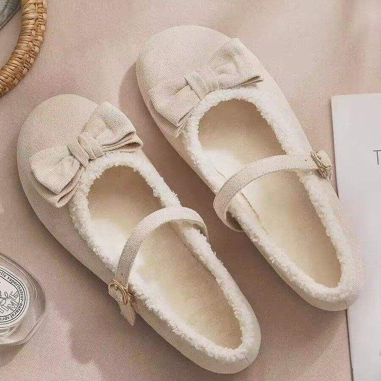 

Xiaoxiangfeng Mary Jane women s shoes velvet bow with skirt French autumn and winter fluffy shoes women s outer cotton shoes 40