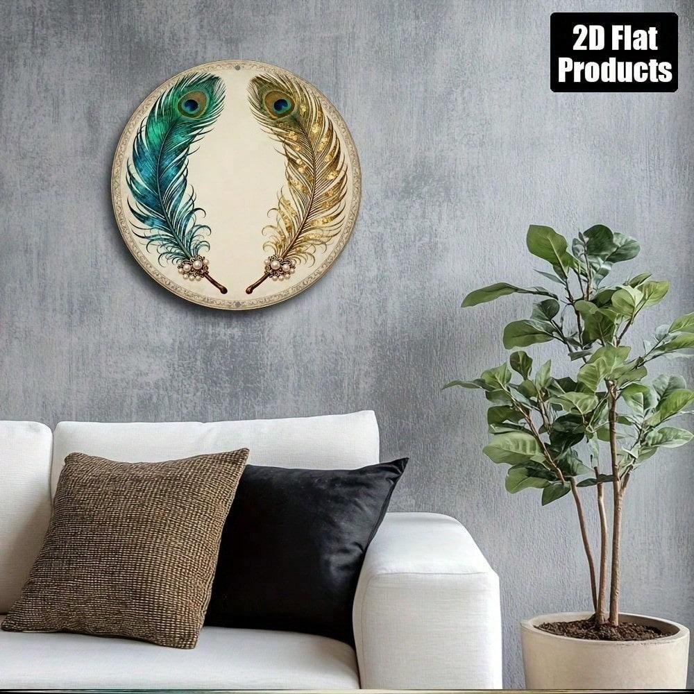 Retro Peacock Feather Round Metal Sign 8x8 Inch Vintage Aluminum Wall Plaque Bar Kitchen Cafe Office Home Decor