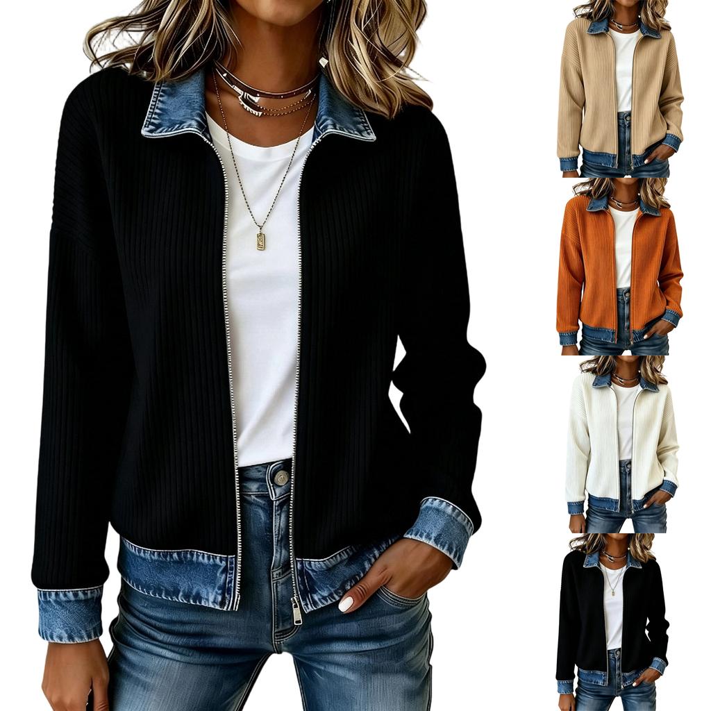 Women's Fashion Knit Denim Cardigan Jacket, Long Sleeve Casual Blouse with Patchwork Design, Fall Winter Outerwear