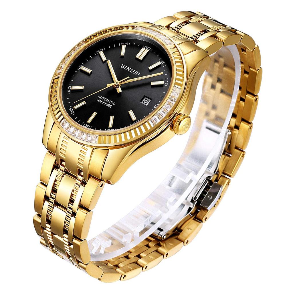 BINLUN Gold Mechanical Automatic Business Popular with Stainless Date Display Men's Watch, Waterproof, Stylish, Casual, Watch, Gentlemen, Steel,