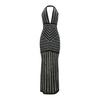 Abito da sera da donna, scollo a V profondo, scollo all'americana, a righe, con decorazioni in strass scintillanti, senza schienale, spalle scoperte, cocktail party, ballo di fine anno, abito lungo