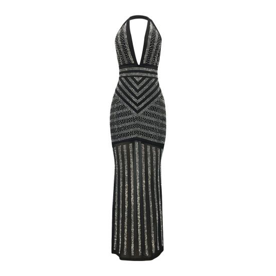 Abito da sera da donna, scollo a V profondo, scollo all'americana, a righe, con decorazioni in strass scintillanti, senza schienale, spalle scoperte, cocktail party, ballo di fine anno, abito lungo