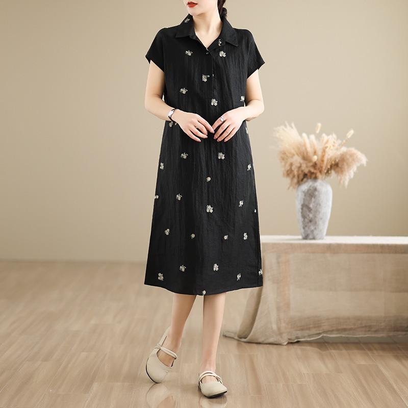 Echte foto zomer nieuw literair los jacquard borduurwerk losse jurk met korte mouwen dameskleding