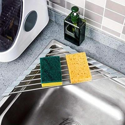 Roll Up Triangle Dish Drying Rack Kitchen Sink Organizer Corner Over The Sink Sponge Rag Holder Foldable Stainless Steel Drainer