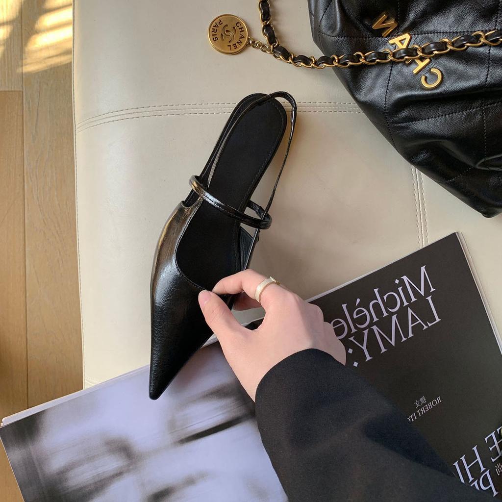 Cowhide Version~ Genuine Leather Pointed Single Shoes Women's New High Heels Ol Empty Flats After Commuting Bag Head Sandals